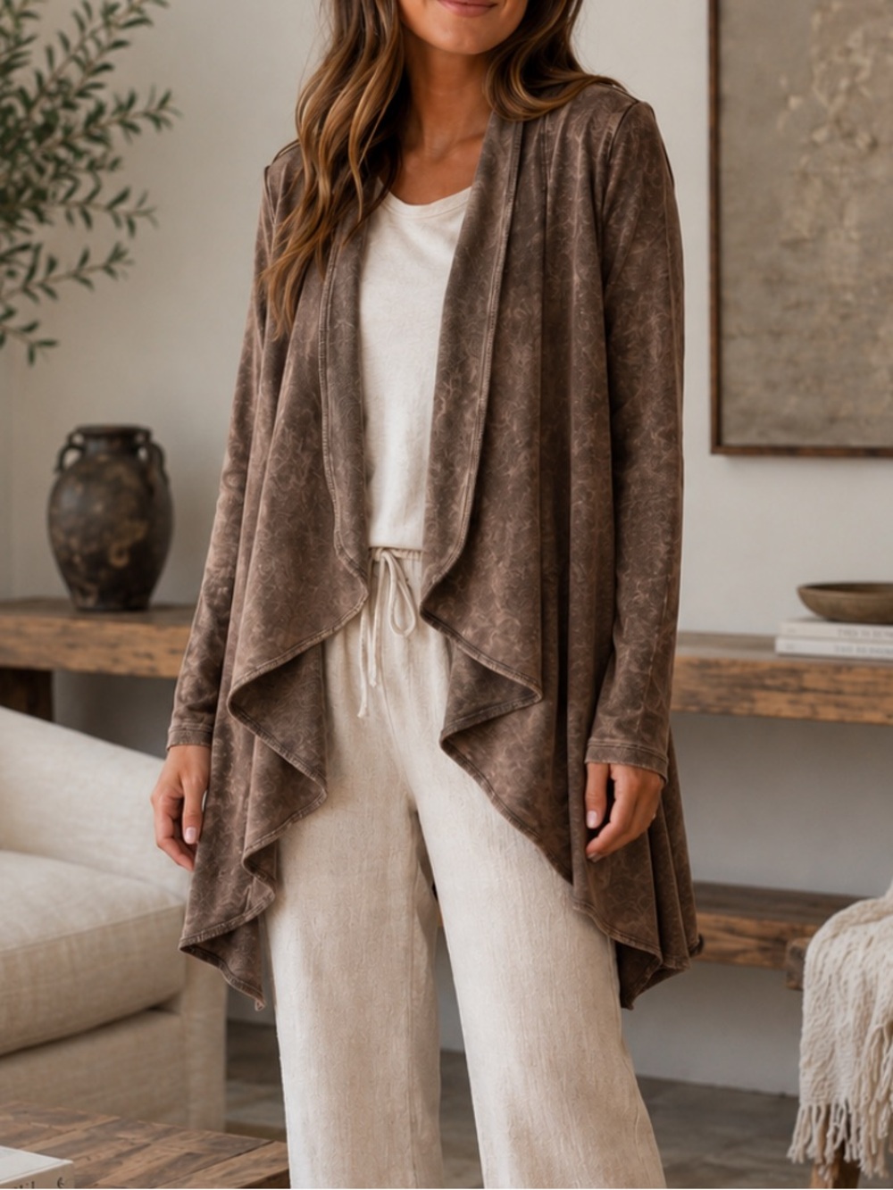 Testimony Draped Open-Front Women’s Cardigan - Brown